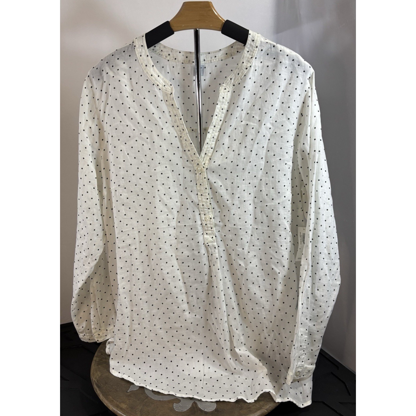 100% Cotton White Black Polka Dot V-Neck Button Long Sleeve Women's Blouse Xl